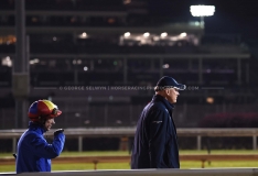 JOHN GOSDEN LEADS FRANKIE DETTORI ON THE MAIN TRACK BEFORE GIVING HIM A LEG UP ON THE ROARING LION FOR EXERCISE ON THE MAIN TRACK.
CHURCHILL DOWNS AM 31-10-18.
©George Selwyn  07967 030722 email: george@georgeselwyn.co.uk Vat no:3308110 05