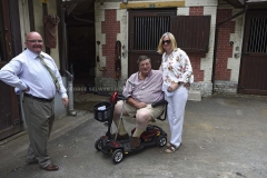 TRAINER STAN MOORE (LEFT) WITH PAUL BLOCKLEY AND FELLOW TRAINER JO HUGHES (RIGHT) IN THE RACECOURSE STABLES BEFORE RACING. DEAUVILLE 12-8-18.©George Selwyn  07967 030722 email: george@georgeselwyn.co.uk Vat no:3308110 05