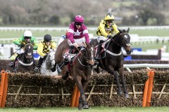SHISHKIN (RIGHT) JUMPS THE LAST FLIGHT WITH ABACADABRAS ON WAY TO WINNING “SUPREME”.FOLLOWING ARE CHANTRY HOUSE (LEFT WHITE CAP) ANDASTERION FORLONGE (GREY).CHELTENHAM 10-3-20.Photo © George Selwyn +44 (0)7967 030722116 Wellington Parade Kent UK CT14 8AF.