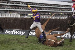 HARRY COBDEN TAKES A DRAMATIC FALL FROM COPPERHEAD AT THE LAST FENCE.CHELTENHAM 11-3-20.Photo © George Selwyn +44 (0)7967 030722116 Wellington Parade Kent UK CT14 8AF.