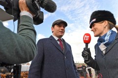 DAVID COTTIN IS INTERVIEWED BY FRENCH RACING CHANNEL'S KATHERINE FORD AFTER EASYLAND WON THE CROSS COUNTRY.CHELTENHAM 11-3-20.©George Selwyn  07967 030722 email: george@georgeselwyn.co.uk Vat no:3308110 05