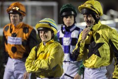 HOLLIE DOYLE WALKING TOWARDS PARADE RING WITH LUKE MORRIS (RIGHT).KEMPTON 1-2-20.Photo © George Selwyn +44 (0)7967 030722116 Wellington Parade Kent UK CT14 8AF.
