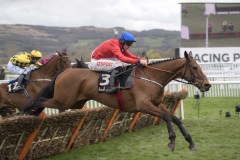 ENVOI ALLE (D.RUSSELL) LEADS JUMPING THE LAST FLIGHT TO WIN THE BALLYMORE.CHELTENHAM 11-3-20.Photo © George Selwyn +44 (0)7967 030722116 Wellington Parade Kent UK CT14 8AF.