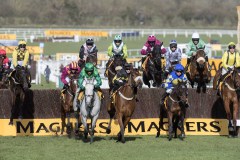RUNNERS JUMPING THE SECOND FENCE.EVENTUAL WINNER, AL BOUM PHOTO IS JUMPING SECOND FROM LEFT.CHELTENHAM 13-3-20.Photo © George Selwyn +44 (0)7967 030722116 Wellington Parade Kent UK CT14 8AF.