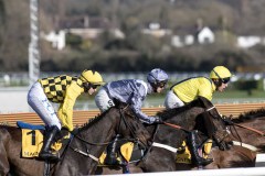 THE THREE PRINCIPALS ARE IN MIDFIELD AS THE RUNNERS GO OUT ON FINAL CIRCUIT OF GOLD CUP.EVENTUAL WINNER, AL BOUM PHOTO AND PAUL TOWNEND (LEFT) ARE PRECEDED BY SANTINI AND LOSTINTRANSLATION AND ROBBIE POWER (RIGHT).CHELTENHAM 13-3-20.Photo © George Selwyn +44 (0)7967 030722116 Wellington Parade Kent UK CT14 8AF.