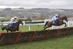 HONEYSUCKLE (RIGHT) JUMPS THE LAST FLIGHT AHEAD OF BENIE DE DIEUX ON WAY TO WINNING MARES HURDLE..CHELTENHAM 9-3-20.©George Selwyn  07967 030722 email: george@georgeselwyn.co.uk Vat no:3308110 05