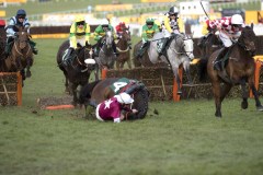 INDEFATIGABLE EXTREME LEFT, JUMPING  LAST FLIGHT WITH PLENTY OF GROUND TO MAKE UP BEHIND PILEON (RIGHT) AND COLUMN OF FIRE WHO CRASHES WHEN MAKING HIS CHALLENGE, ON WAY TO WINNING THE FINAL RACE OF FESTIVAL. THE WILLIE MULLINS TRAINED, GREAT WHITE SHARK(GREY) FINISHED THIRD WHICH MEANT THAT MULLINS WAS LEADING TRAINER AT THE MEETING(USING THE COUNTBACK METHOD FOR INCLUDING MINOR PLACINGS) MULLINS AND ELLIOT BOTH TRAINED 7 WINNERS AT THE FESTIVAL.CHELTENHAM 13-3-20.Photo © George Selwyn +44 (0)7967 030722116 Wellington Parade Kent UK CT14 8AF.