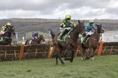 LISNAGAR OSCAR LEADS JUMPING LAST FLIGHT ON WAY TO WINNING. RUNNER UP, RONALD PUMP (RIGHT) IS CHALLENGING.CHELTENHAM 12-3-20.Photo © George Selwyn +44 (0)7967 030722116 Wellington Parade Kent UK CT14 8AF.
