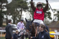 DAVID MAXWELL CELEBRATES AS HE IS LED IN AFTER WINNING THE HUNTER CHASE ON BOB AND CO BEATING STABLEMATE, ALCALA (GREY).FONTWELL 23-2-20.Photo © George Selwyn +44 (0)7967 030722116 Wellington Parade Kent UK CT14 8AF.