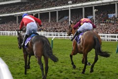 MINELLA INDO (RIGHT) AND ALLAHO AFTER JUMPING LAST FENCE BATTLE UP THE HILL, BOTH WERE OVERTAKEN IN THE SHADOW OF THE POST BY CHAMP.CHELTENHAM 11-3-20.Photo © George Selwyn +44 (0)7967 030722116 Wellington Parade Kent UK CT14 8AF.