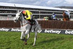 POLITILOGUE (H.SKELTON) LEADS JUMPING THE LAST FROM BUN DORAN (RIGHT) AND DYNAMITE DOLLARS ON WAY TO WINNING CHAMPION CHASE.CHELTENHAM 11-3-20.Photo © George Selwyn +44 (0)7967 030722116 Wellington Parade Kent UK CT14 8AF.