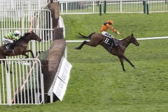 PUT THE KETTLE ON (RIGHT) LEADS FAKIR D’OUDAIRIES JUMPING THE LAST FENCE ON WAY TO WINNING THE “ARKLE”.CHELTENHAM 10-3-20.Photo © George Selwyn +44 (0)7967 030722116 Wellington Parade Kent UK CT14 8AF.