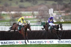 RAVENHILL )LEFT) JUMPSTHE LAST WITH LOD DU MESNIL ON WAY TO WINNING.CHELTENHAM 9-3-20.©George Selwyn  07967 030722 email: george@georgeselwyn.co.uk Vat no:3308110 05