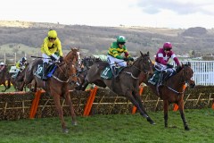 SAINT ROI (18) JUMPS THE FINAL FLIGHT WITH EMBITTERED (RIGHT) AND BUILDMEUPBUTTERCUP (LEFT) ON WAY TO WINNING COUNTY HURDLE.CHELTENHAM 13-3-20.Photo © George Selwyn +44 (0)7967 030722116 Wellington Parade Kent UK CT14 8AF.