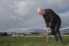JIMMY STEVENSON CLERK OF THE COURSE INSPECTS THE WATERLOGGED TRACK.LEICESTER RACEOURSE 25-2-20.©George Selwyn  07967 030722 email: george@georgeselwyn.co.uk Vat no:3308110 05