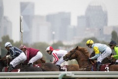 Horses racing in “false” straight towards final bend in race 5 with the new grandstands in background.Longchamp 2-10-21.Photo © George Selwyn +44 (0)7967 030722116 Wellington Parade Kent UK CT14 8AF.