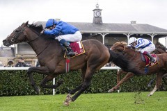 Ancient Wisdom & William Buick  winning the Futurity Trophy from Devil's Point (right).Doncaster 28-10-23.Photo © George Selwyn +44 (0)7967 030722116 Wellington Parade Kent UK CT14 8AF.