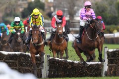 Crambo & Connor Brace right, mistake jumping the last flight on the way to winning from inneston (left).Sandown 11-3-23.Photo © George Selwyn +44 (0)7967 030722116 Wellington Parade Kent UK CT14 8AF.