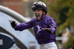 Frankie Dettori with trademark flying dismount after winning the Champion  Stakes on King Of Steel.Ascot 21-10-23.Photo © George Selwyn +44 (0)7967 030722116 Wellington Parade Kent UK CT14 8AF.