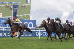 Poptronic & Sam James (left) hold onto win from Bluestocking (right) and Jackie Oh.to land the fillies & Mares Stakes.Ascot 21-10-23.Photo © George Selwyn +44 (0)7967 030722116 Wellington Parade Kent UK CT14 8AF.