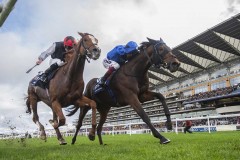 Trawlerman & Frankie Dettori winning Lon Distance Cup from Kyprios (left).Ascot 21-10-23.Photo © George Selwyn +44 (0)7967 030722116 Wellington Parade Kent UK CT14 8AF.